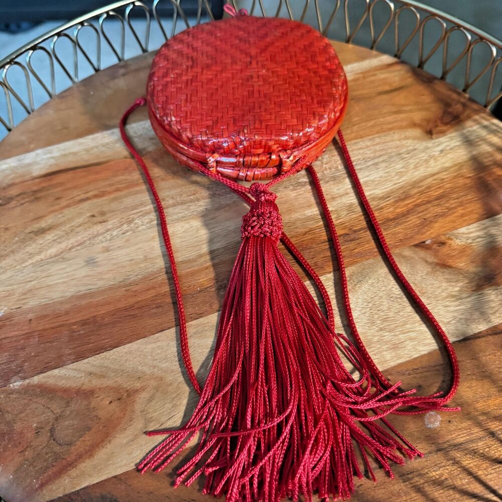 Vintage Rafael Sanchez Woven Rattan Basket Minaudière Bag - Red Tassel 1980s